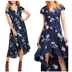 Free People Lost In You Floral Button Front Midi Dress Navy Blue Women's Size S